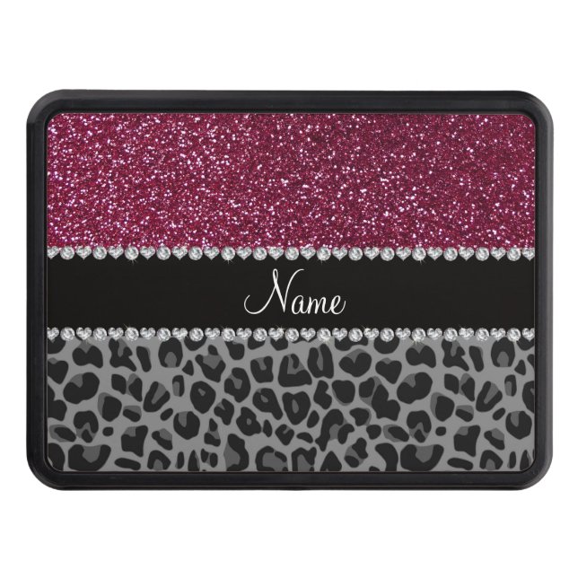 Personalized name plum glitter black leopard hitch cover (Front)