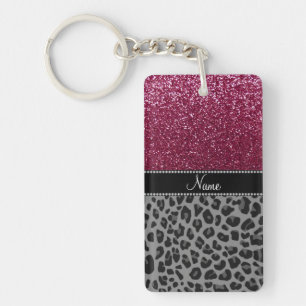 Personalized name plum glitter black leopard keychain