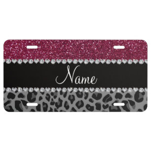 Personalized name plum glitter black leopard license plate