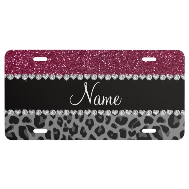 Personalized name plum glitter black leopard license plate (Front)