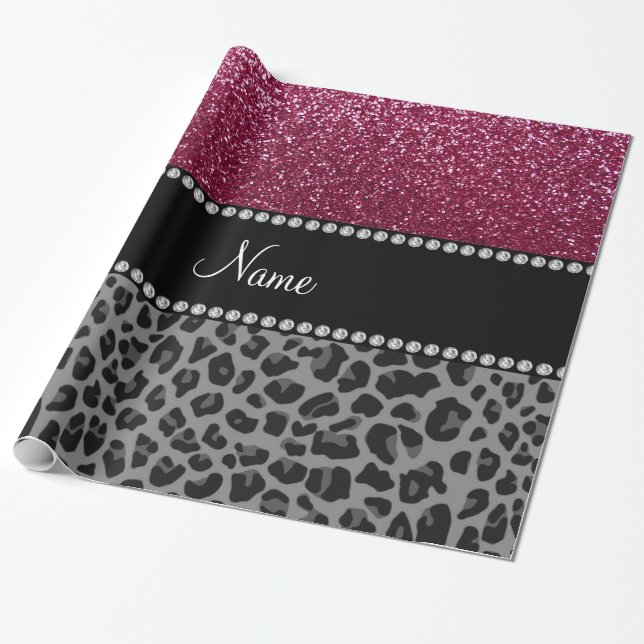 Personalized name plum glitter black leopard wrapping paper (Unrolled)