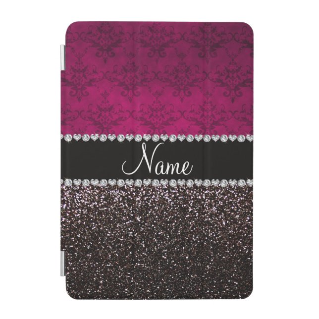 Personalized name plum pink damask black glitter iPad mini cover (Front)