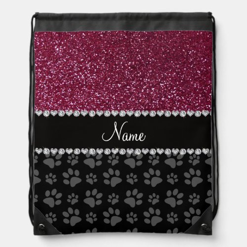 Personalized name plum purple glitter black paws drawstring bag