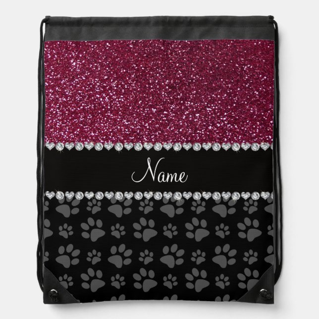 Personalized name plum purple glitter black paws drawstring bag (Front)