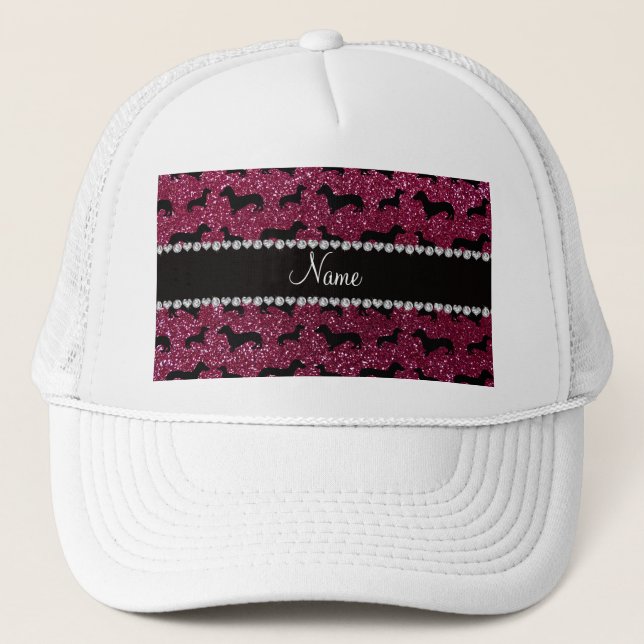 Personalized name plum purple glitter dachshunds trucker hat (Front)