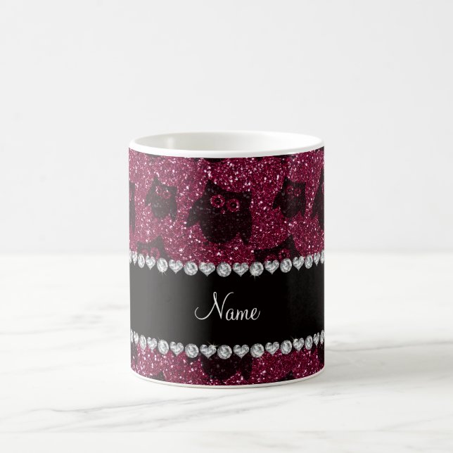 Personalized name plum purple glitter owls coffee mug (Center)