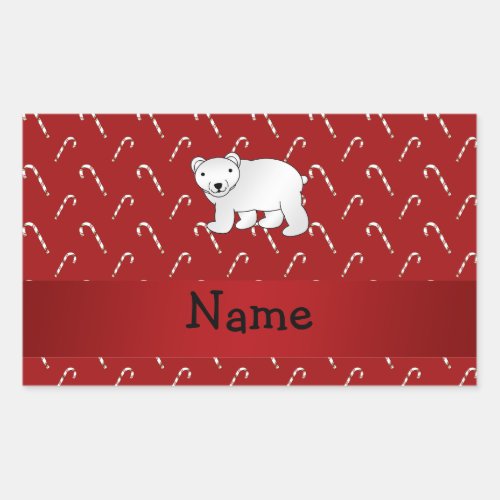 Personalized name polar bear candy cane pattern rectangular sticker