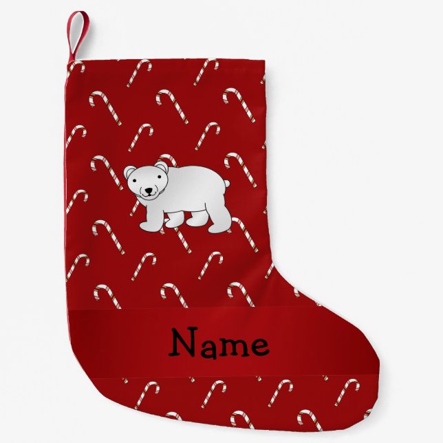 Personalized name polar bear candy cane pattern small christmas stocking (Front)