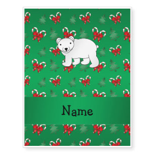 Personalized name polar bear green candy canes bow temporary tattoos
