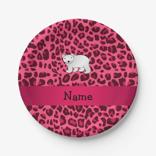Personalized name polar bear pink leopard print paper plates (Front)