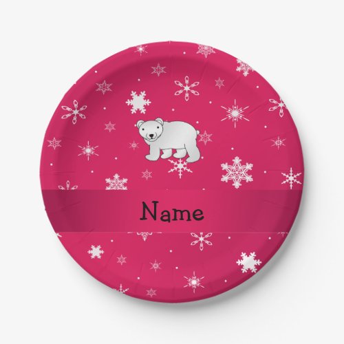 Personalized name polar bear pink snowflakes paper plates