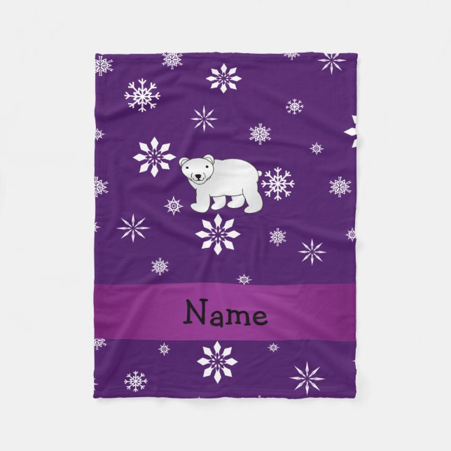 Personalized name polar bear purple snowflakes fleece blanket (Front)