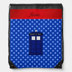 Personalized name police box blue polka dots drawstring bag