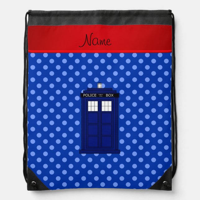 Personalized name police box blue polka dots drawstring bag (Front)