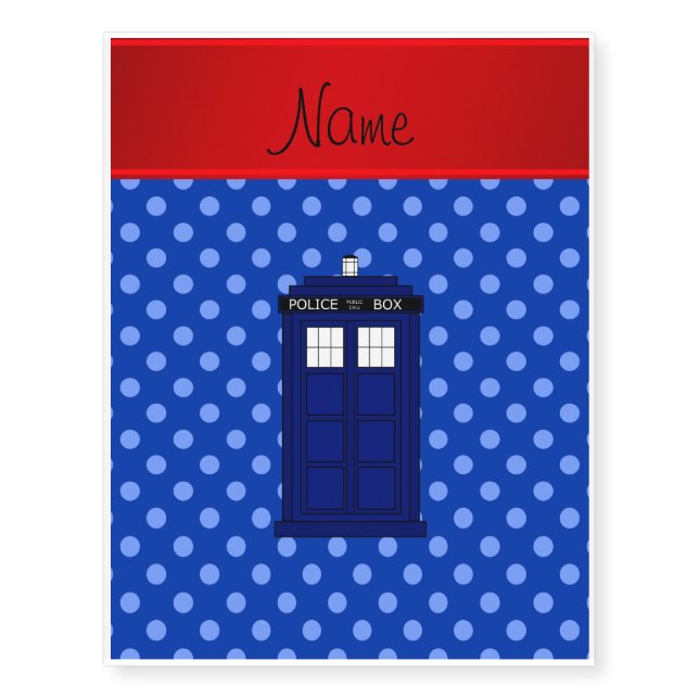 Personalized name police box blue polka dots temporary tattoos (Front)