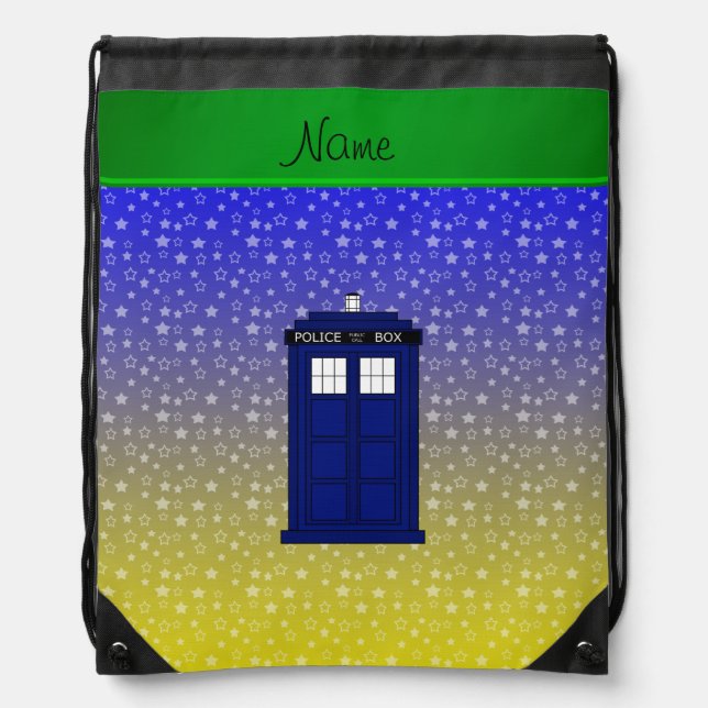 Personalized name police box blue yellow stars drawstring bag (Front)