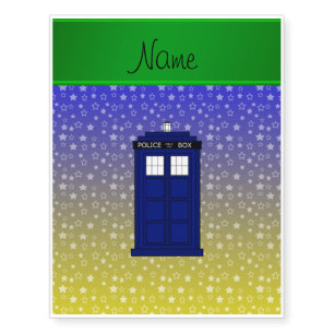 Personalized name police box blue yellow stars temporary tattoos