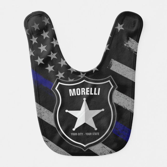 Personalized NAME Police Officer Sheriff Cop Flag Baby Bib (Front)