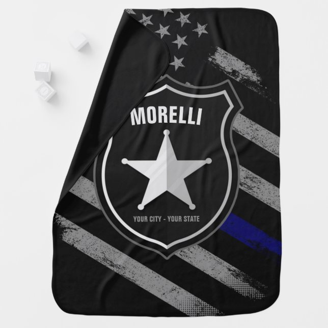 Personalized NAME Police Officer Sheriff Cop Flag Baby Blanket (In Situ)