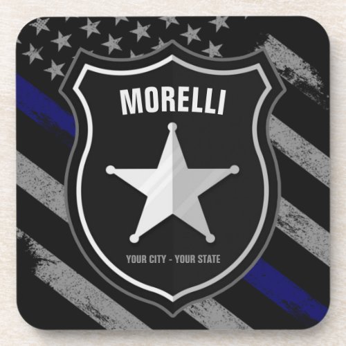 Personalized NAME Police Officer Sheriff Cop Flag Beverage Coaster