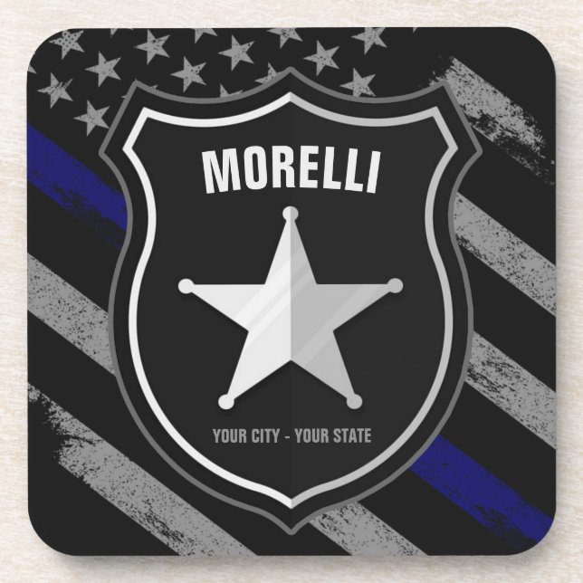 Personalized NAME Police Officer Sheriff Cop Flag Beverage Coaster (Front)