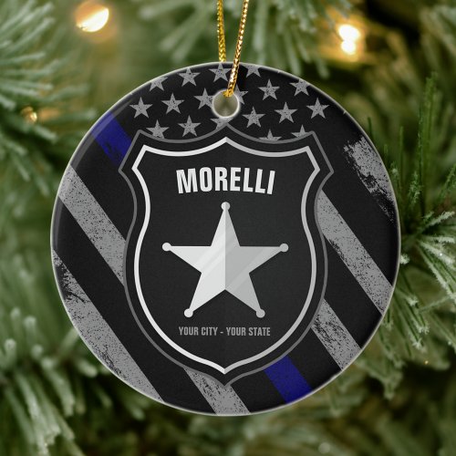 Personalized NAME Police Officer Sheriff Cop Flag Ceramic Ornament