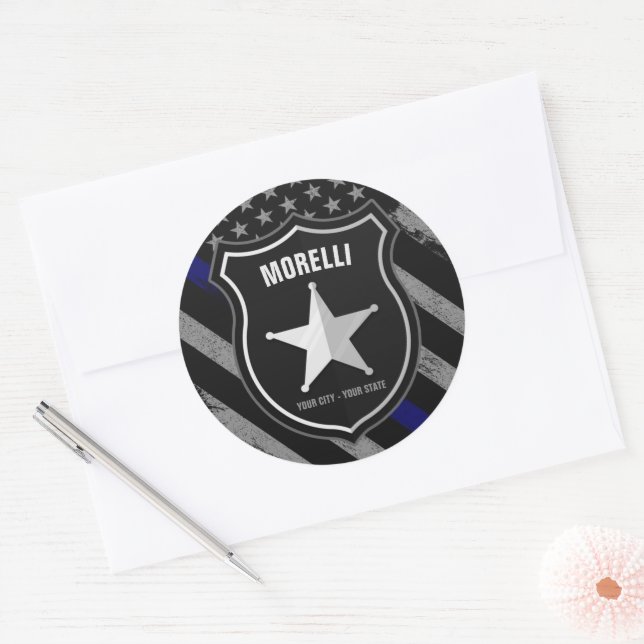 Personalized NAME Police Officer Sheriff Cop Flag Classic Round Sticker (Envelope)