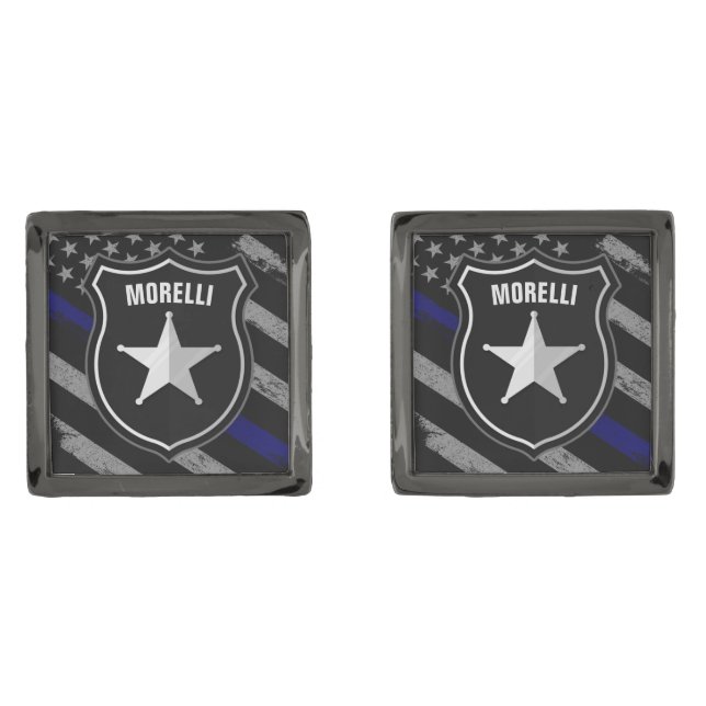 Personalized NAME Police Officer Sheriff Cop Flag Cufflinks (Front)