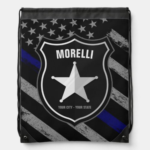 Personalized NAME Police Officer Sheriff Cop Flag Drawstring Bag