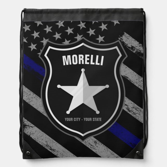 Personalized NAME Police Officer Sheriff Cop Flag Drawstring Bag (Front)