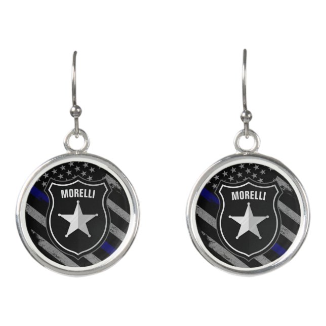 Personalized NAME Police Officer Sheriff Cop Flag Earrings (Front)