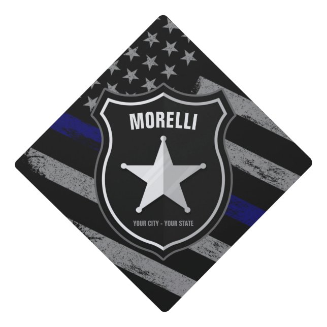 Personalized NAME Police Officer Sheriff Cop Flag Graduation Cap Topper (Front)