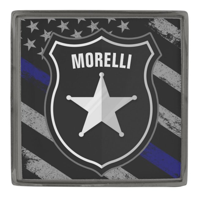 Personalized NAME Police Officer Sheriff Cop Flag Gunmetal Finish Lapel Pin (Front)