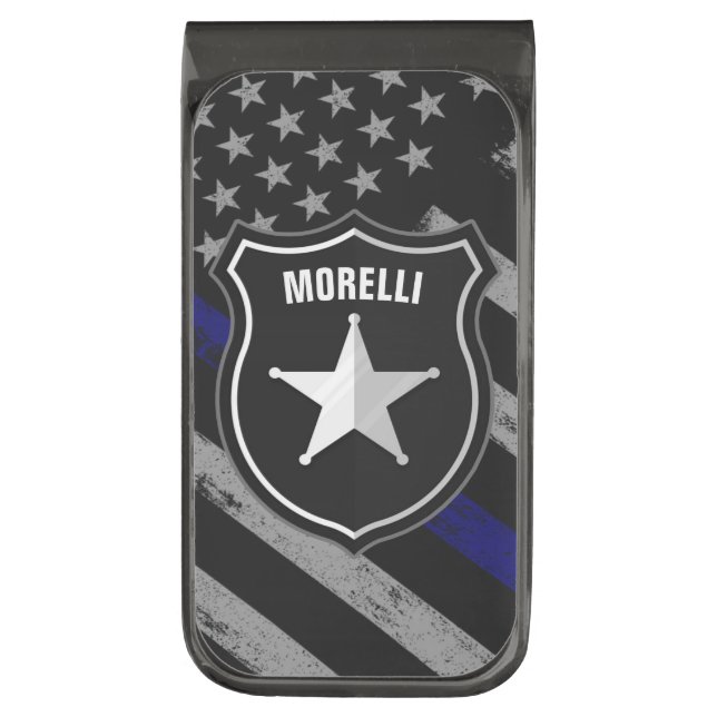 Personalized NAME Police Officer Sheriff Cop Flag Gunmetal Finish Money Clip (Front Vertical)