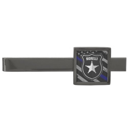 Personalized NAME Police Officer Sheriff Cop Flag Gunmetal Finish Tie Bar