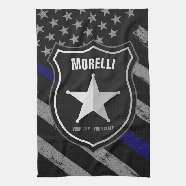 Personalized NAME Police Officer Sheriff Cop Flag Kitchen Towel (Vertical)