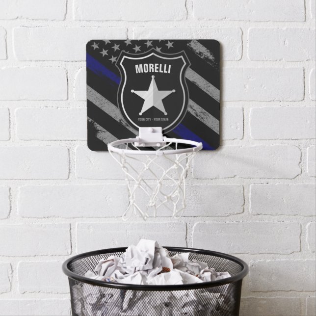 Personalized NAME Police Officer Sheriff Cop Flag Mini Basketball Hoop (In Situ)