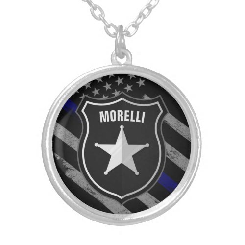 Personalized NAME Police Officer Sheriff Cop Flag Silver Plated Necklace