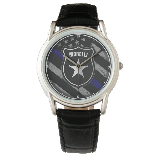 Personalized NAME Police Officer Sheriff Cop Flag  Watch (Front)