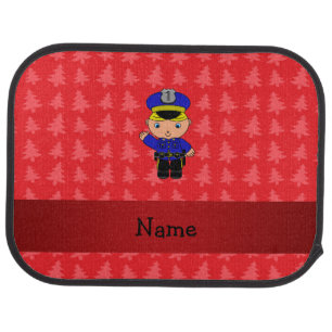 Personalized name policeman red christmas trees car mat