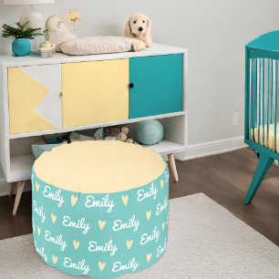 Personalized Name Pouf Teal with Yellow Hearts