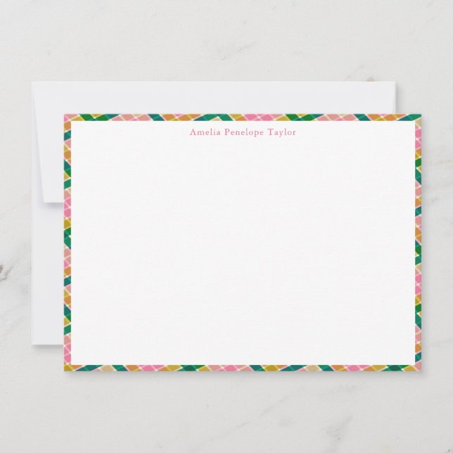 Personalized Name Preppy Pink Green Plaid Border Thank You Card (Front)