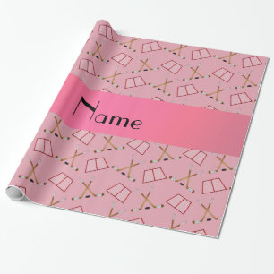 Personalized name pretty pink hockey pattern wrapping paper