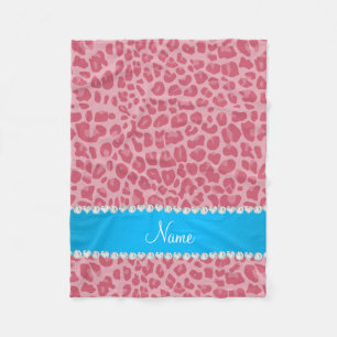 Personalized name pretty pink leopard blue stripe fleece blanket
