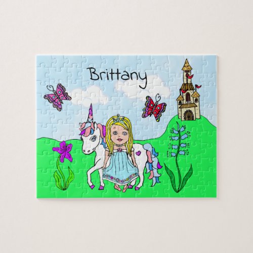 Personalized Name Princess and Unicorn Fairytale Jigsaw Puzzle