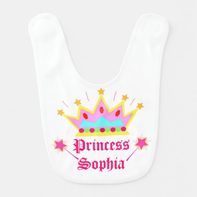 Personalized Name Princess Crown and Wand Baby Bib (Front)