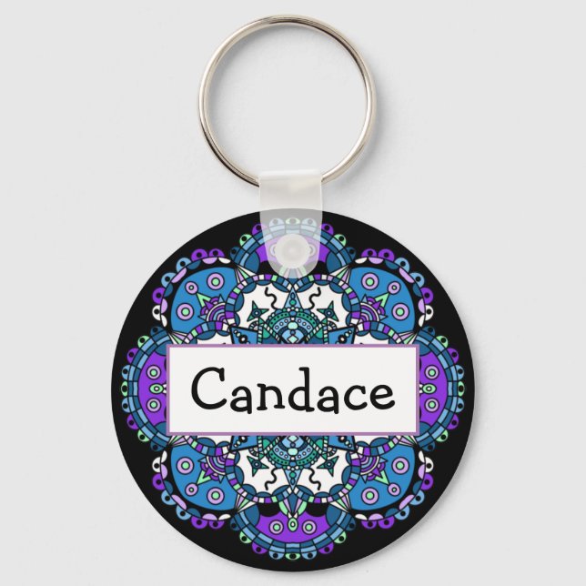 Personalized Name purple and blue Mandala  Magnet Keychain (Front)