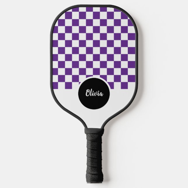 Personalized Name purple and white Checker Pattern Pickleball Paddle (Front)