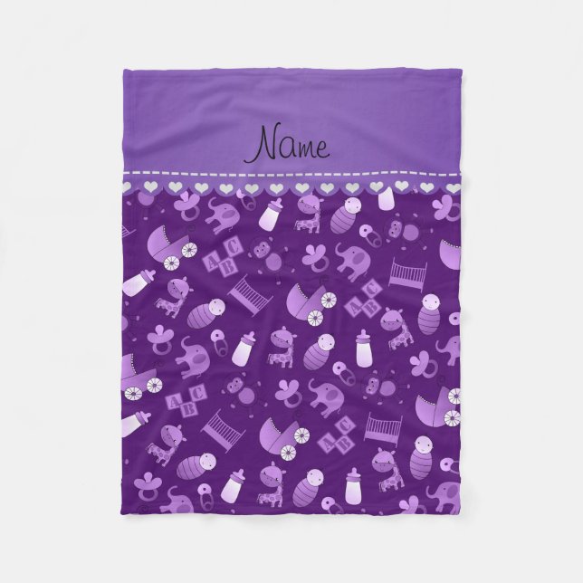 Personalized name purple baby animals fleece blanket (Front)