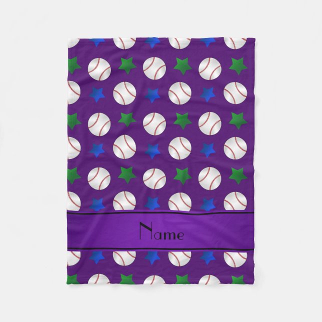 Personalized name purple baseball blue green stars fleece blanket (Front)